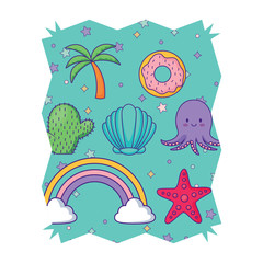 abstract frame with cute octopus and related icons pattern over white background, vector illustration