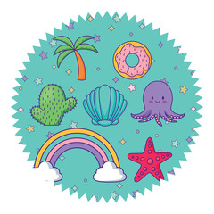 seal stamp with cute octopus and related icons pattern over white background, vector illustration