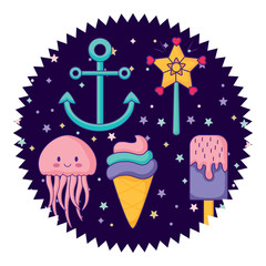 seal stamp with anchors and ice creams pattern over white background, vector illustration