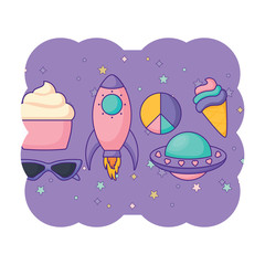 decorative frame with rockets and spaceships pattern over white background, vector illustration