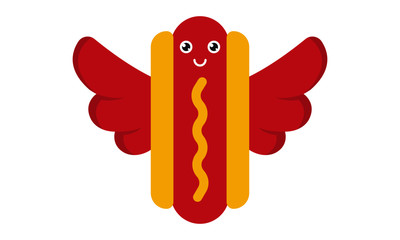 Vector illustration of Hot Dog with Wings. Flying Food Concept. Hot Dog Character