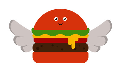 Vector illustration of Burger with Wings. Flying Food Concept. Burger Character