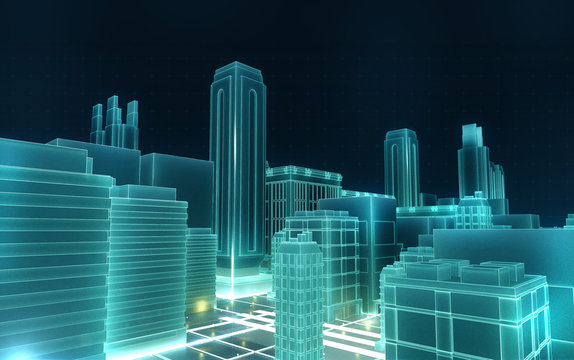 Abstract 3d city rendering with lines and digital elements. Technology blockchain business connection concept illustration.