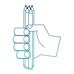 hand with set of colored pencils isolated icon vector illustration design