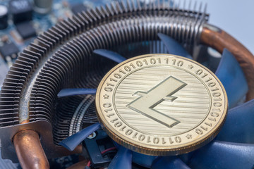 close up of bitcoin on video card fan