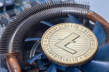 Fototapeta premium close up of bitcoin on video card fan