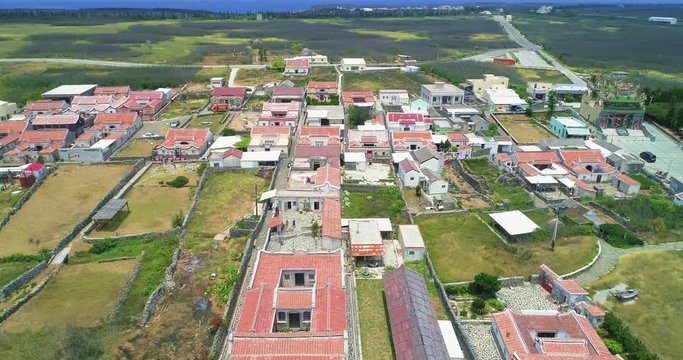 Aerial shot of Traditional architecture in a Erkan community, Penghu, Taiwan. They use corals to build their houses. Erkan is like the small villages on Kinmen. 