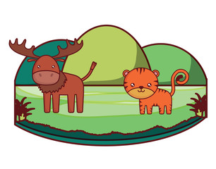 cute elk and tiger on the grass over white background, colorful design. vector illustration