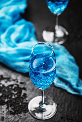 Cocktail glass with the Blue Hawaii. Blue hawaiian alcoholic cocktail
