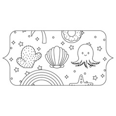 banner with cute octopus and related icons pattern over white background, vector illustration