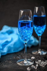 Cocktail glass with the Blue Hawaii. Blue hawaiian alcoholic cocktail