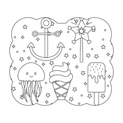 decorative frame with anchors and ice creams pattern over white background, vector illustration