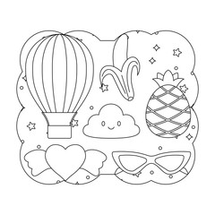 decorative frame with kawaii clouds and fruits pattern over white background, vector illustration