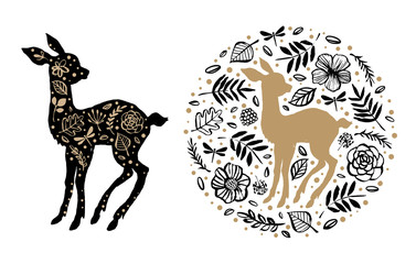Silhouette of little sweet baby deer, fawn with flower pattern in the floral circle. Hand drawn design elements. Vector illustration. Nursery scandinavian art. - obrazy, fototapety, plakaty