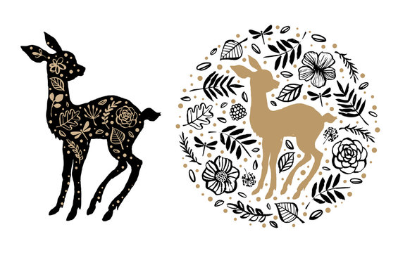 Silhouette of little sweet baby deer, fawn with flower pattern in the floral circle. Hand drawn design elements. Vector illustration. Nursery scandinavian art.