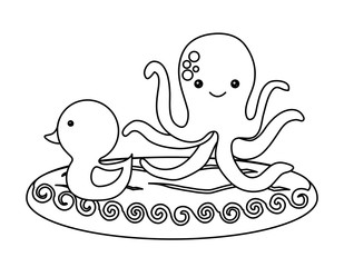 cute duck and octopus  over white background, vector illustration