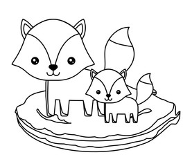 cute foxes on the grass over white background, vector illustration