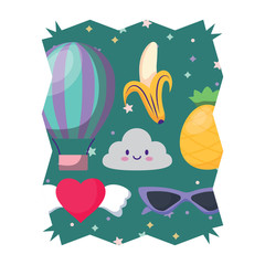 Naklejka premium abstract frame with kawaii clouds and fruits pattern over white background, vector illustration