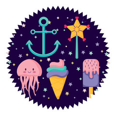 seal stamp with anchors and ice creams pattern over white background, vector illustration