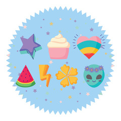 seal stamp with cupcakes and watermelon pattern over white background, vector illustration