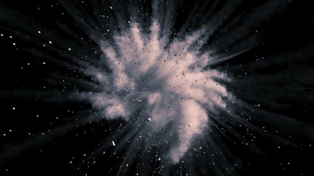 Cg animation of color powder explosion on black background. Slow motion movement with acceleration in the beginning. Has alpha matte