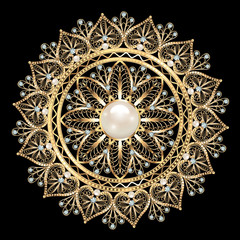 Mandala brooch jewelry, design element.  Geometric vintage ornamental background.