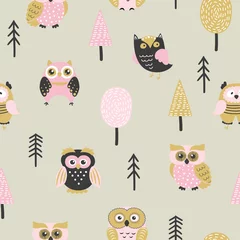 Fotobehang Seamless pattern with cute owls ant trees. Vector forest background. © Afanasia