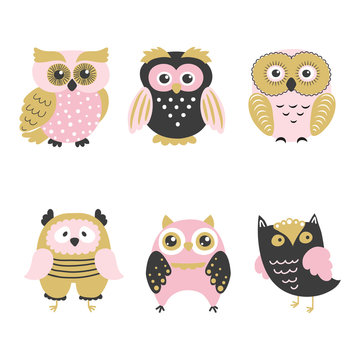 Set of cute cartoon owls isolated on white. Vector illustration.
