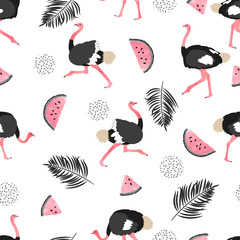 Seamless summer tropical pattern with ostrich, watermelon slices and palm leaves. Vector trendy background.