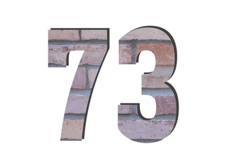 73 Number. Decorative red brick wall texture. English style. White isolated