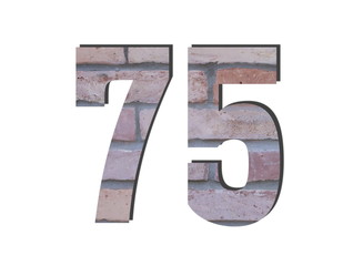 75 Number. Decorative red brick wall texture. English style. White isolated