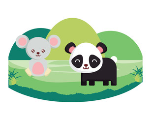 cute panda bear and mouse on the grass over white background, colorful design. vector illustration