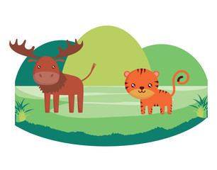 cute elk and tiger on the grass over white background, colorful design. vector illustration