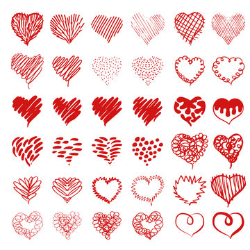  collections of hand drawn grunge Valentine hearts isolated on transparent background.