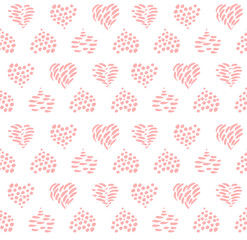 Hand drawn seamless pattern with pink hearts. Pink doodle hearts on white background. Hearts from smears, dots, spots