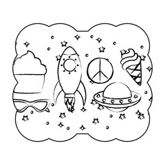 decorative frame with rockets and spaceships pattern over white background, vector illustration