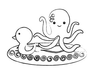cute duck and octopus  over white background, vector illustration