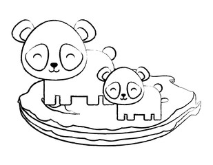 sketch of cute panda bears on the grass over white background, colorful design. vector illustration