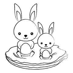 sketch of cute rabbits on the grass over white background, colorful design. vector illustration