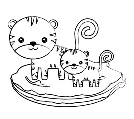 cute tigers on the grass over white background. vector illustration