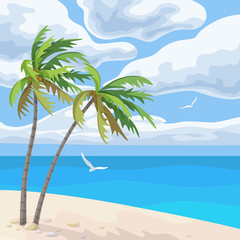 Fototapeta na wymiar Seaside Landscape with Palm Trees and Clouds