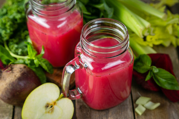 Alkaline diet concept - purple smoothies and ingredients