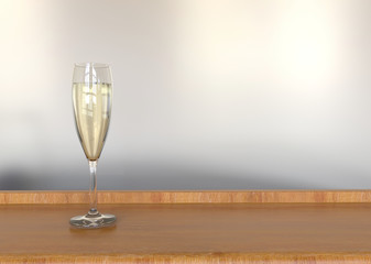 3d rendering. Champagne Glass on Wood table with copy space background.