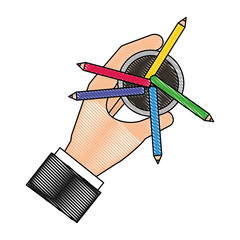 aerial view of colored pencils holders with hand vector illustration design