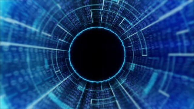 loopable Abstract background with flying into digital tunnel from flickering particles, digits 0 and 1 as binary code and plexus of network. Animation of seamless loop. 3D rendering