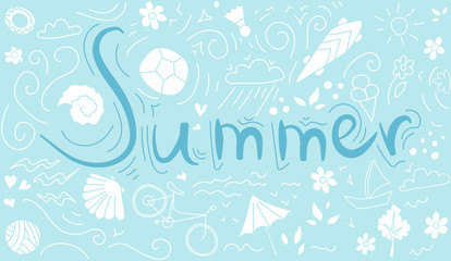 the inscription summer background pattern with Bicycle, ball, flourishes, skateboard, shells and flowers.