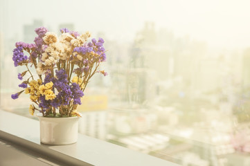 Vintage dry flowers in ceramic flower pot lay on next to high building window with blur city town background.