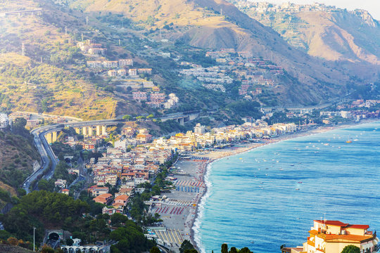 above view of Letojanni in Sicily, Italy