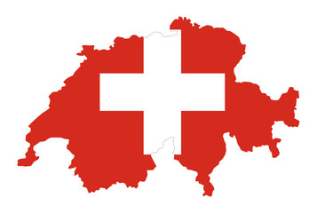 Flag of Switzerland in country silhouette. Landmass and borders as outline, within the banner of the nation. Red flag with white cross. Isolated illustration on white background. Vector.