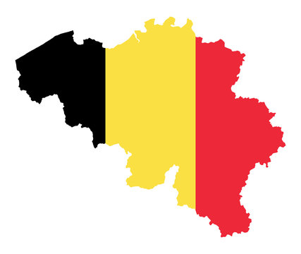 Flag of the kingdom of Belgium in country silhouette. Landmass as outline, within the banner of the nation. Vertical tricolour. Black, yellow and red stripes. Isolated illustration over white. Vector.